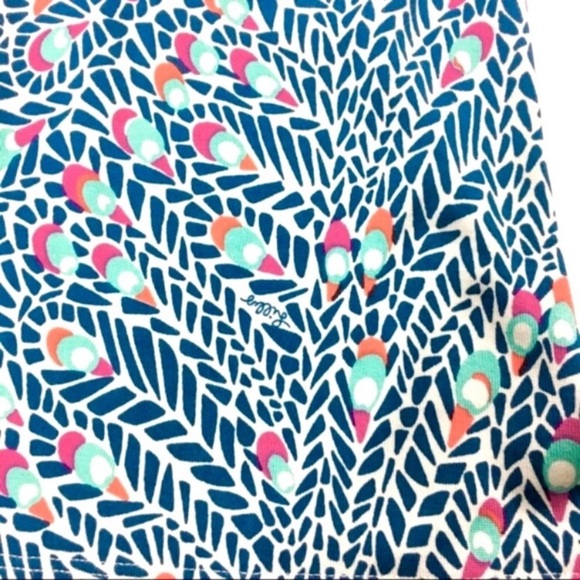 LILLY Pulitzer Feather Monogram Print Silk Stretch Flare Dress Teal Blue Size 4 - Picture 6 of 8
